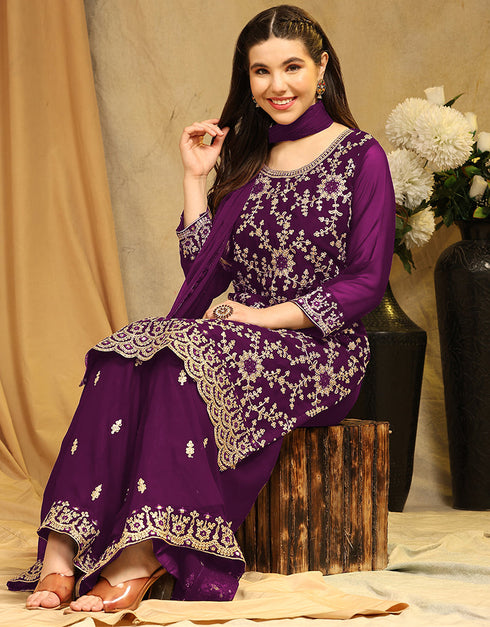 Designer Party Wear Blooming Georgette Salwar Suit Collection Purple Blooming Georgette Sharara Suit Back View